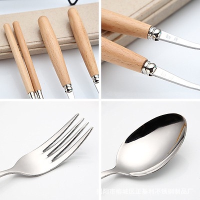 Bộ thìa, đũa, dĩa Inox cán gỗ sồi sang trọng tặng kèm hộp đựng lúa mạch