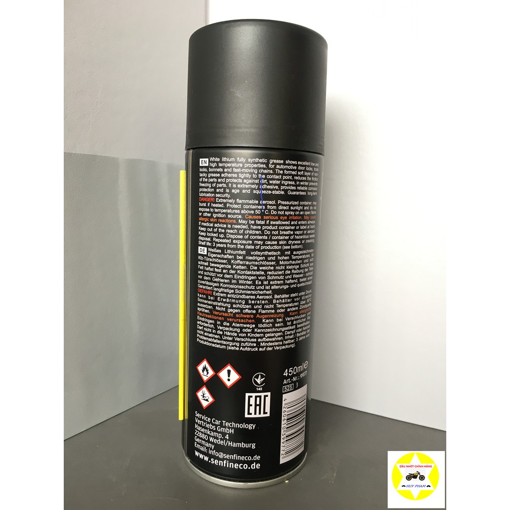 Mỡ Bò Trắng Lithium Dạng Xịt Senfineco 9977 – 450ML Spray Grease White Lithium Grease - Nhập khẩu chính hãng từ Đức