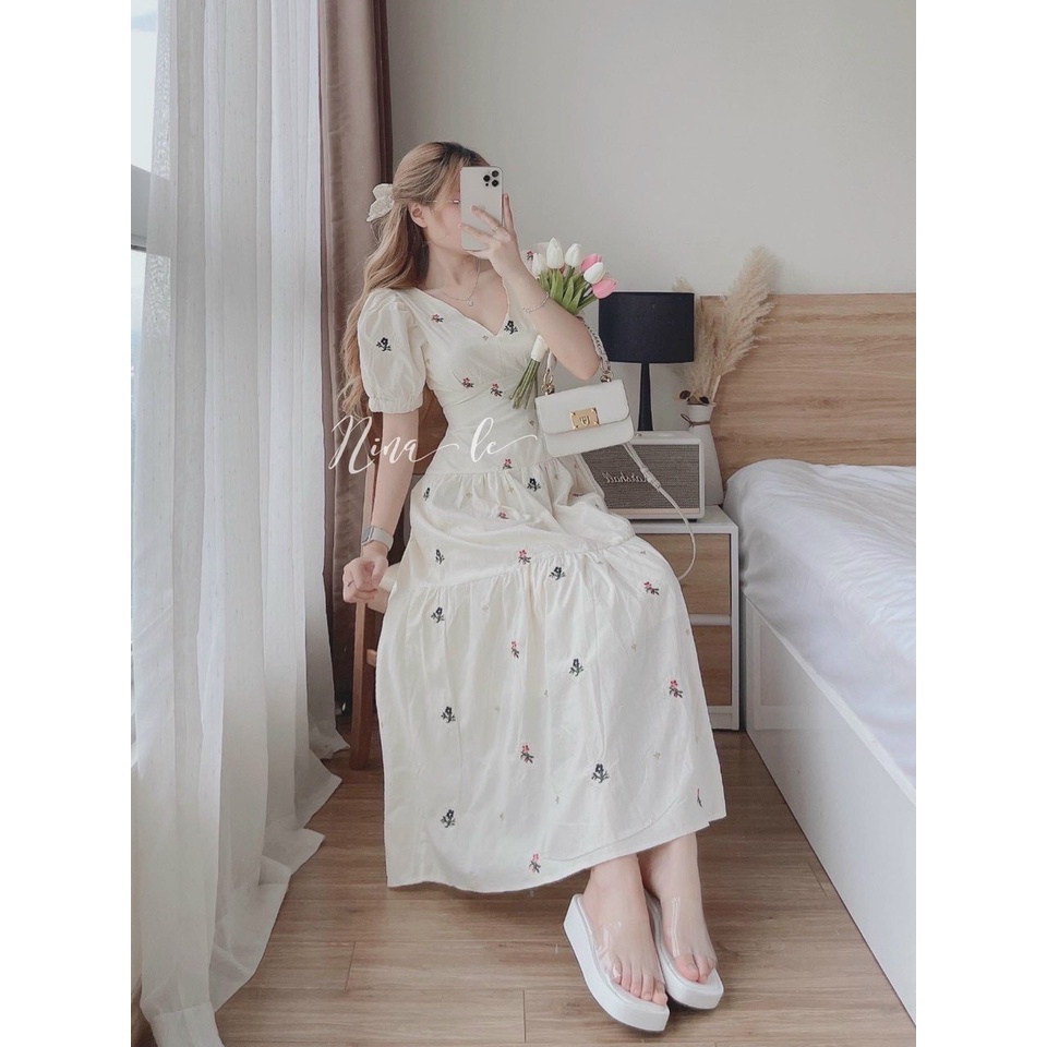 Đầm váy nữ công chúa màu trắng trẻ trung sau lưng cột nơ tôn dáng sang trọng thanh lịch siêu xinh