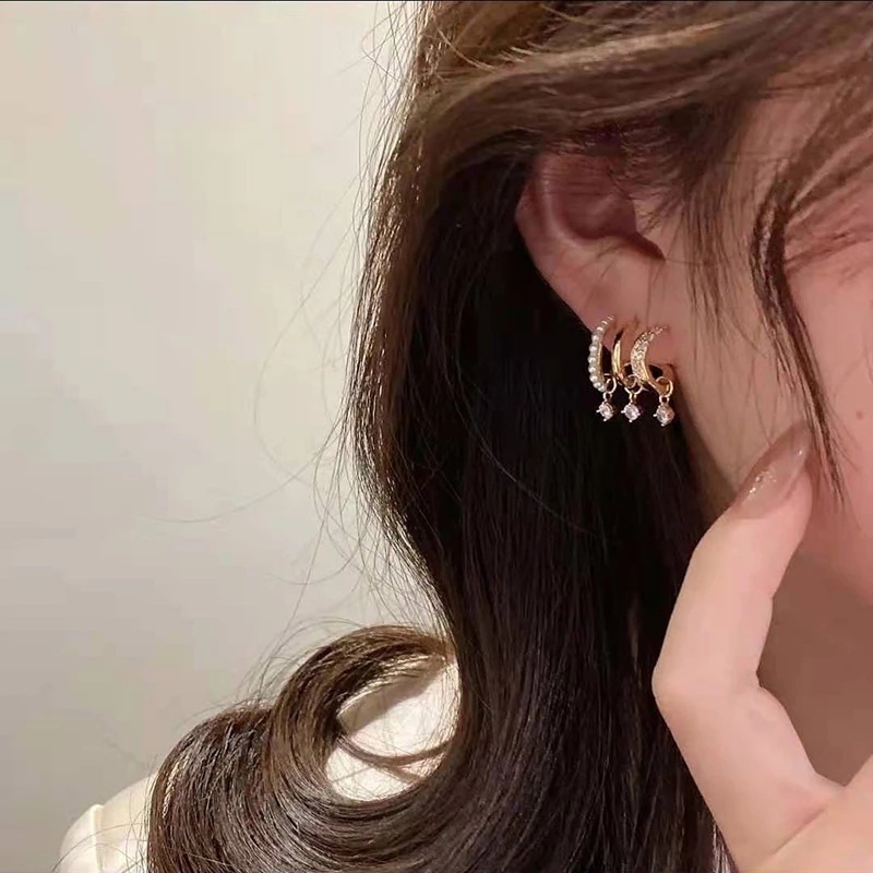 Khuyên Tai Hình Học Nhiều Lớp Đính Đá Zircon Phong Cách Hàn Quốc Mới Cho Nữ