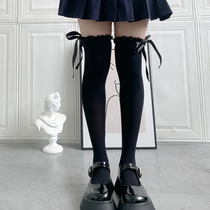 Vớ Dài Qua Gối Vải Satin Phối Ruy Băng Đính Nơ Phong Cách Nhật Bản 10MK