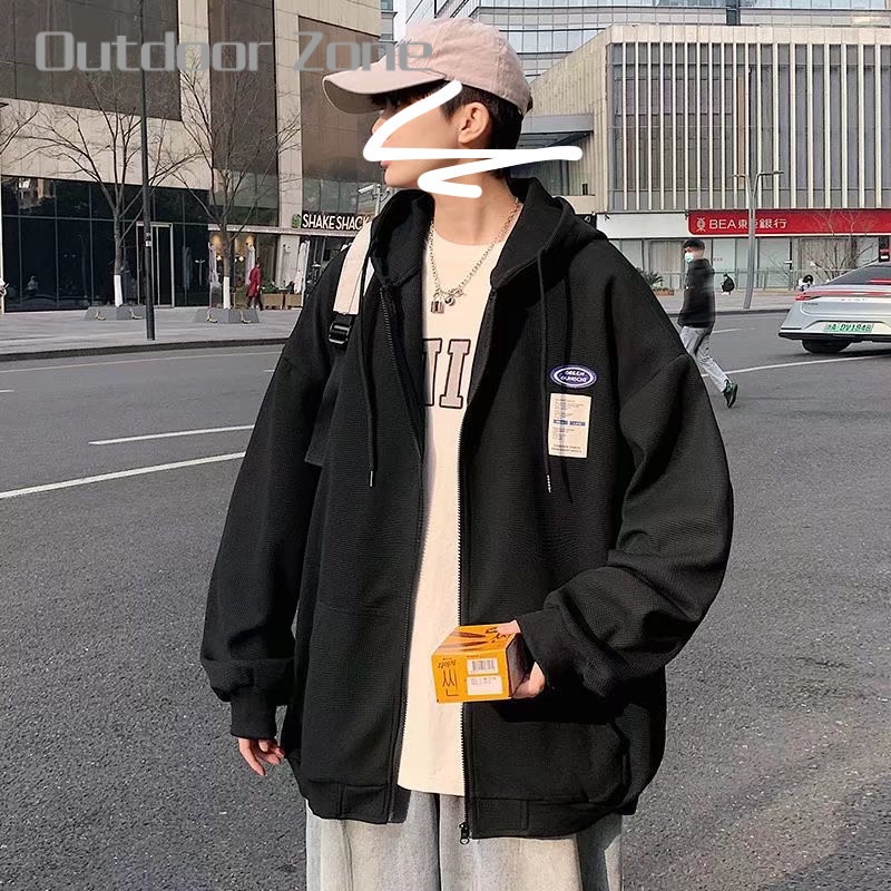 Áo Khoác hoodie Dáng Rộng Phối Khóa Kéo Phong Cách Hiphop Đường Phố Cho Nam