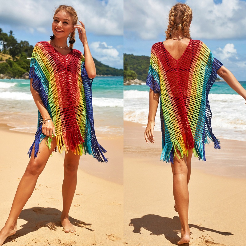 Brroa Đầm Dệt Kim Tay Ngắn Dáng Rộng Cổ Chữ V Màu Cầu Vồng Thời Trang Đi Biển Mùa Hè Cho Nữ