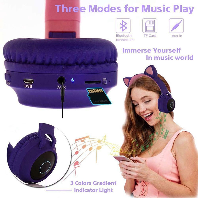 Bộ tai nghe dạng tai mèo không dây bluetooth 5.0 tích hợp đèn LED có mic tiện dụng cho trẻ