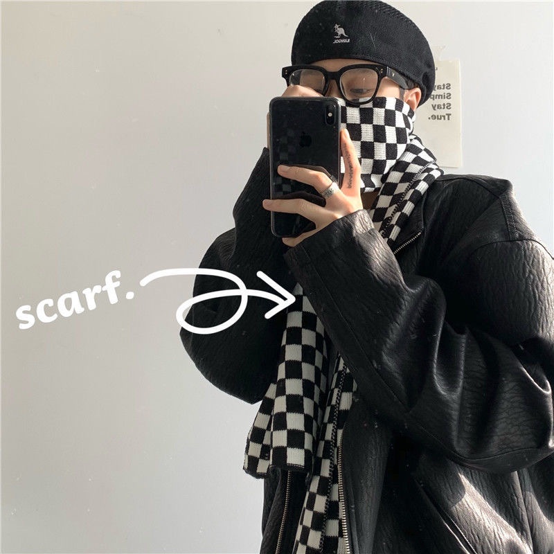 Khăn choàng cổ đan len họa tiết sọc ca rô trắng đen phong cách Âu Mỹ thời trang thu đông cho nữ