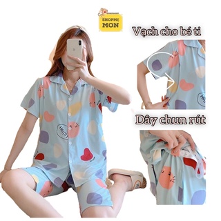 Đồ bộ mặc nhà cho mẹ bầu piyama sau sinh cho con bú quần lửng dễ thương 2022