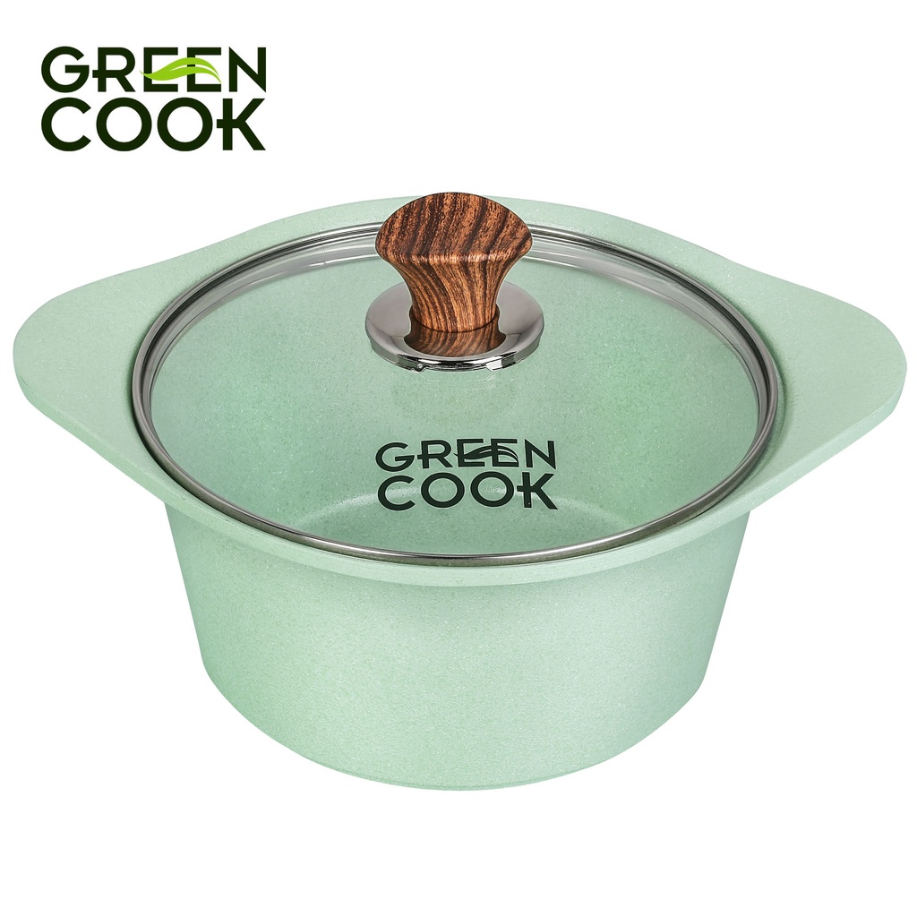 Bộ 3 nồi đúc men đá xanh ngọc 18 cm, 20 cm và 24 cm Green Cook GCS05 công nghệ Hàn Quốc