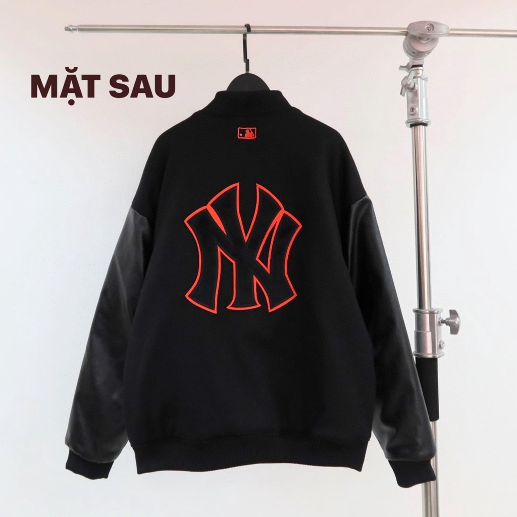 Áo khoác Bomber Varsity M.L.B Ny Thêu Logo Cam Form Rộng Phối Tay Da - Best Quality  - De Storm