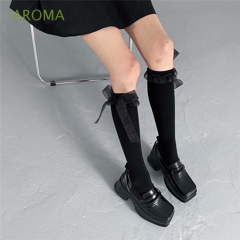 Tất ống dài thoáng khí nhiều màu thiết kế phối ren mềm có dây ruy băng nilon cho nữ