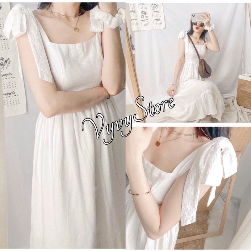 Đầm Trắng Nữ 2 Dây Cột Nơ Đuôi Cá, 🌸 Vyvystore🌸, Váy 2 Dây Nữ Eo Chun Dáng Dài Màu Trắng