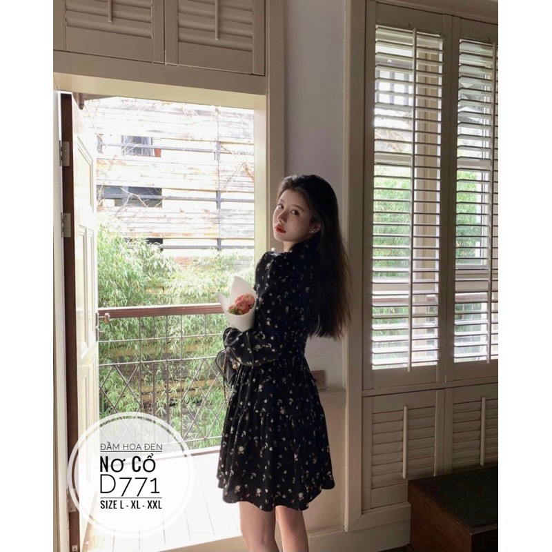 Bigsize Đầm hoa đen nơ cổ D771