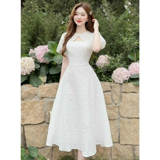 Đầm váy nữ dự tiệc Đầm trắng hoa gấm - Váy trắng tiểu thư, sang chảnh, tay voan bồng nhẹ hàng đẹp