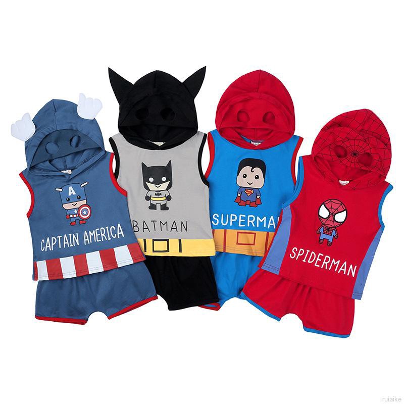 Set Áo Hoodie Sát Nách In Hình Hoạt Hình + Quần Short Cho Bé Trai