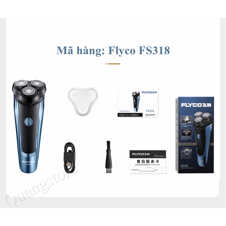 Máy Cạo Râu Flyco, Flyco Fs318 Chống Nước, 3 Lưỡi Cạo Nhanh, Sạc Nhanh Chỉ 1h Sạc