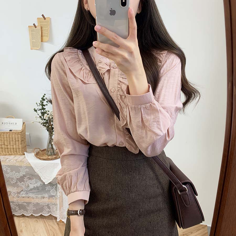 Áo Sơ Mi Dài Tay Cổ Búp Bê Màu Trơn Đơn Giản 30680