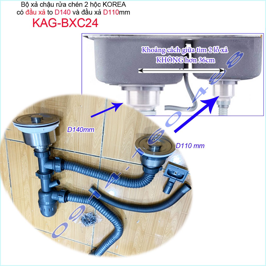 Bộ xả chậu rửa chén bát 1 hộc lớn 1 hộc nhỏ KAG-BXC24, trọn bộ xả bồn rửa chén bát 2 hộc lệch D110-D140 thoát nhanh sử d