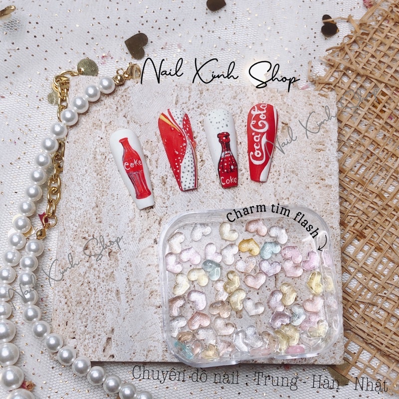 Set 10 charm tim flash mắt mèo - phụ kiện nail hot