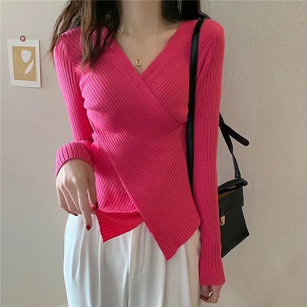 Áo Dệt Kim Nữ Tay Dài Cổ Chữ V Phong Cách Hàn Quốc