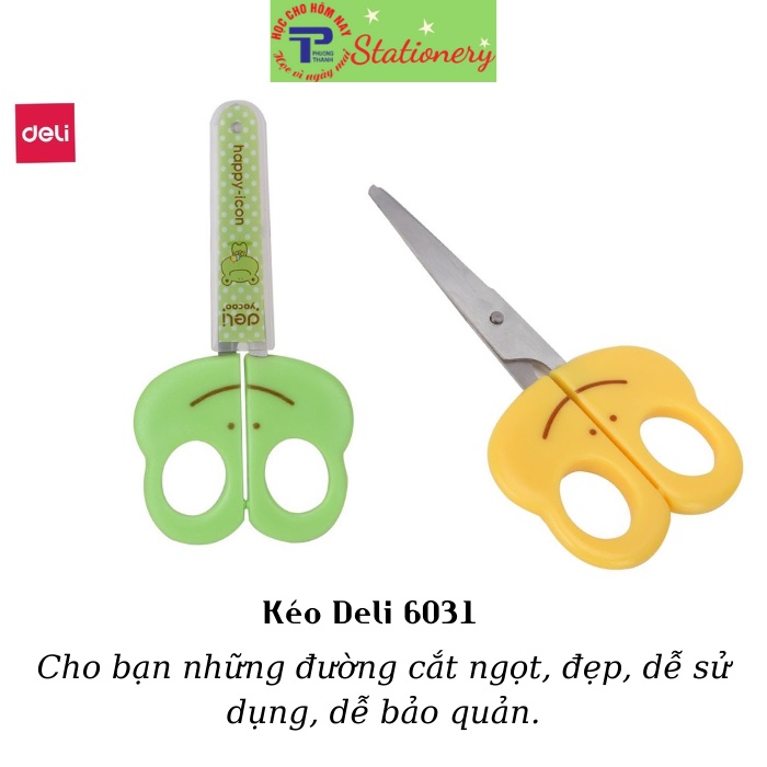 Kéo thủ công học sinh Deli 6031 - Chất liệu ABS tốt, Mũi kéo tròn, nắp bảo vệ an toàn - Xanh lá, vàng - 1 chiếc