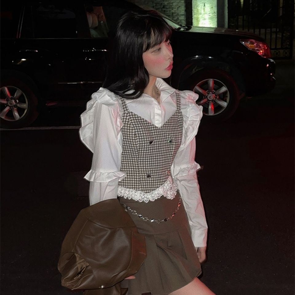 【F&amp;X】Đầm sơ mi lụa xếp ly phối thắt lưng thời trang xuân thu mới cho nữ