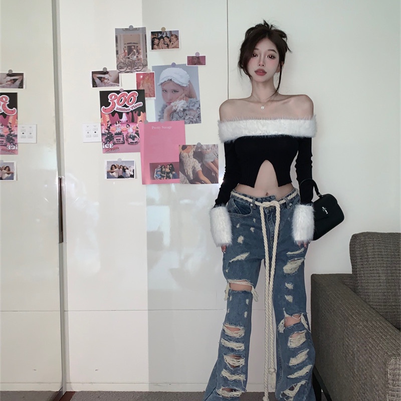 Áo Dệt Kim Tay Dài Trễ Vai Thiết Kế Xẻ Quyến Rũ