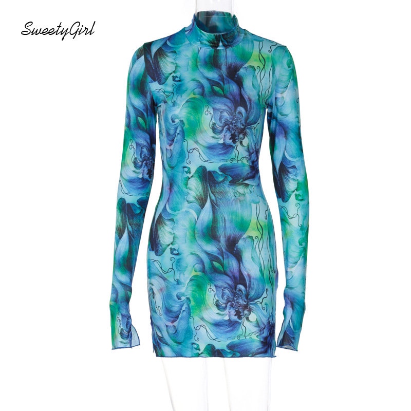 Đầm Mini Tay Dài Cổ Cao Ôm Eo Họa Tiết Màu Nhuộm Thời Trang 2022 Cho Nữ