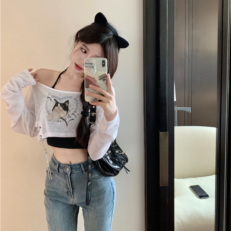 Áo Thun Tay Dài Hở Vai In Họa Tiết Thời Trang Cho Nữ