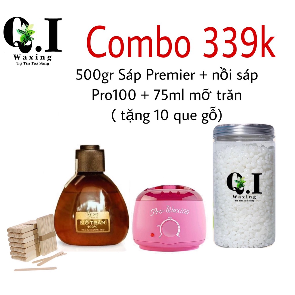 Combo 500gr Sáp Wax Lông Nóng, Nồi Nấu Sáp Prowax100, 75ml Mỡ Trăn ( tặng 10 que gỗ) Q.i Waxing