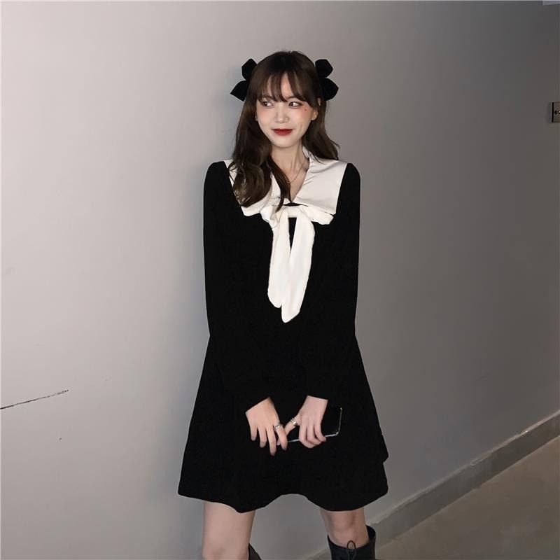 Đầm Nhung Tay Dài Thắt Nơ Eo Phong Cách Hàn Quốc Thời Trang Thu Đông Dành Cho Nữ