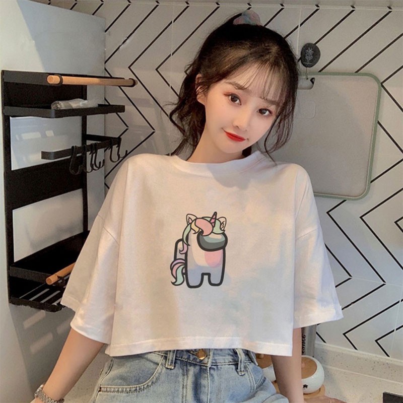 Áo Croptop Nữ Ngắn Tay Hoạ Tiết Among Us - Áo Croptop Chất Thun Màu Trắc Basic CT001