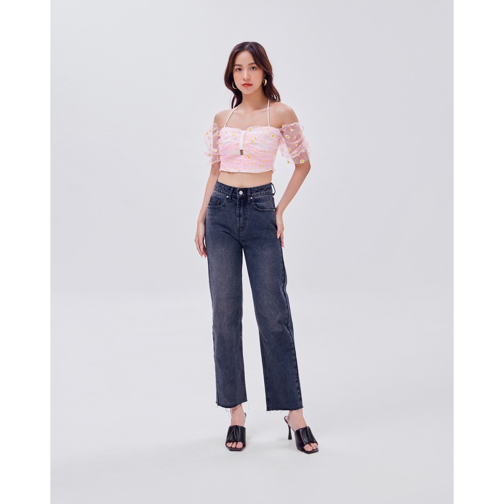 Áo croptop SheByShj tay bồng hoa cúc màu hồng - Pink Daisy Top