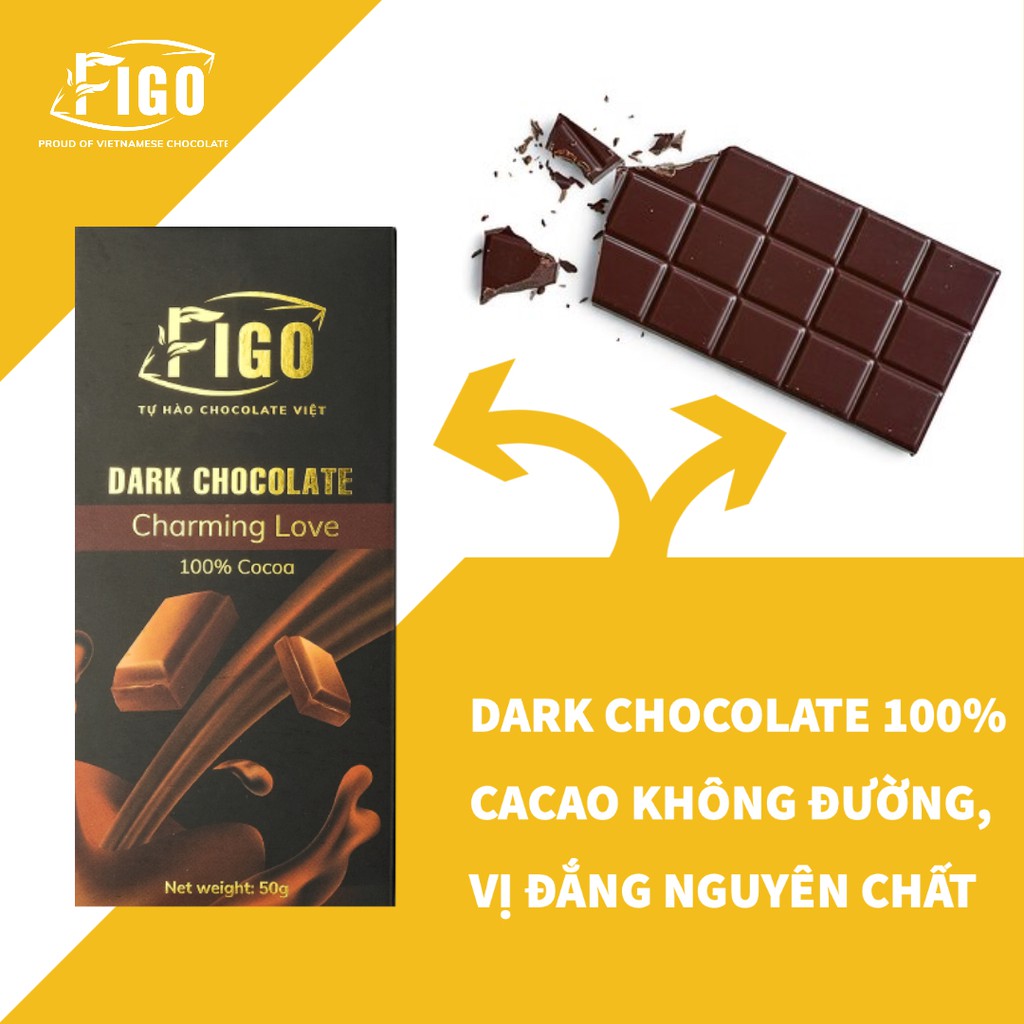 [COMBO 5 HỘP] Chocolate đen 100% cacao không đường dành cho người bị tiểu đường 50g Figo, quà tặng gia đình, healthy