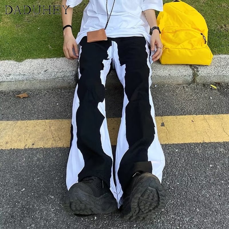DaDuHey Men's Summer New Patchwork Jeans Trendy Fashion Straight Loose Wide Leg Pants