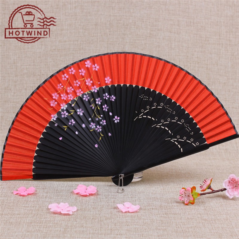 Quạt xoè giấy lụa in hình hoa anh đào phong cách cổ điển