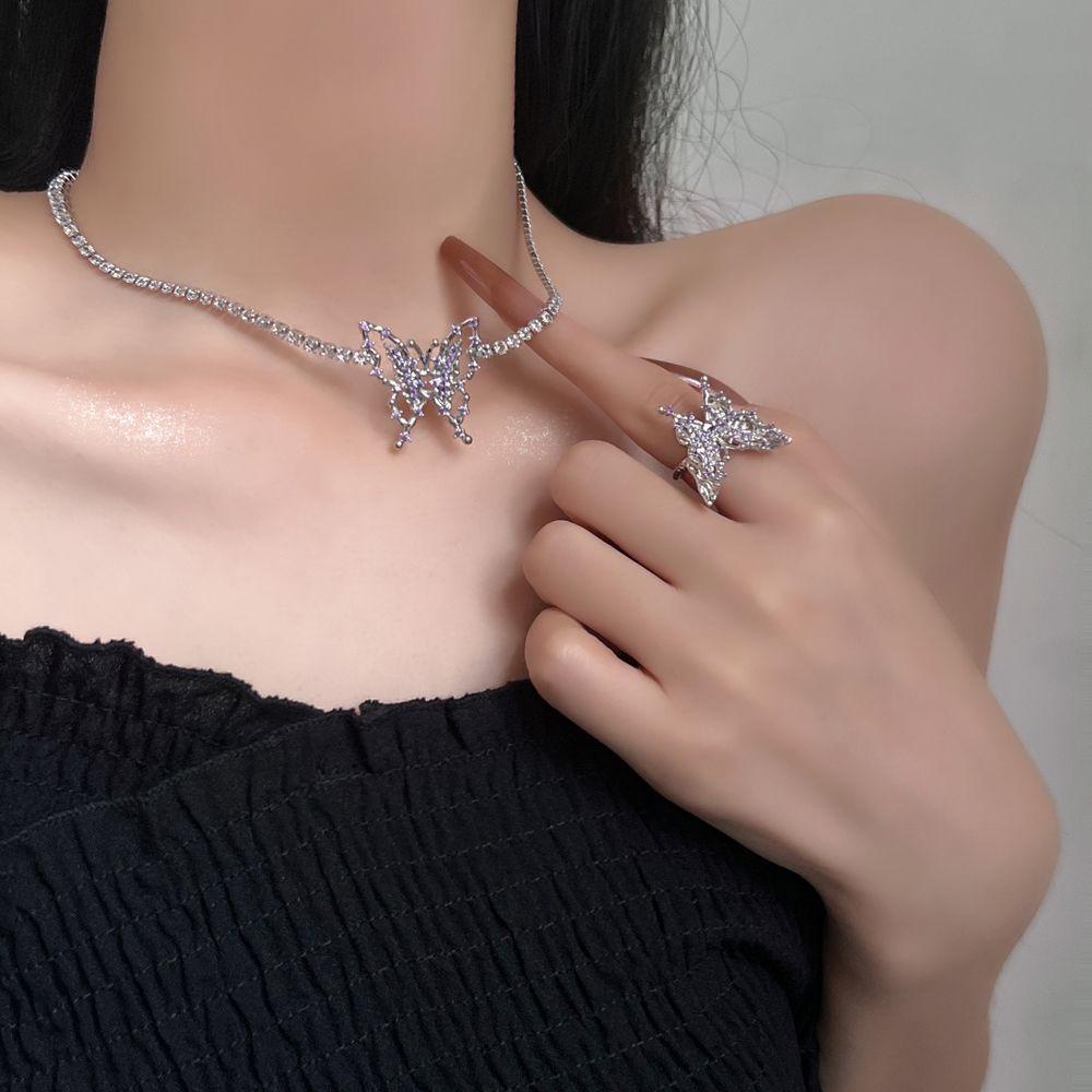 QQMALL Vòng Cổ Choker Y2K Mặt Hình Bướm Đính Đá Màu Tím Ngọt Ngào Thời Trang Phong Cách Hàn Quốc
