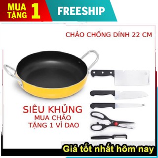 Chảo chống dính 2 quai size 22 cm -TẶNG 1 BỘ DAO THÁI 5 MÓN SIÊU BÉN Siêu đẹp