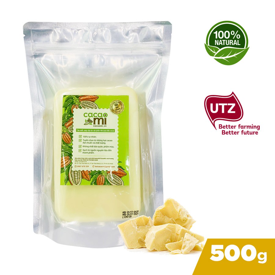 Bơ cacao nguyên chất ép từ hạt ca cao thô dùng làm socola chocolate, làm bánh, ăn chay CacaoMi Cocoa Butter [250g/500g]