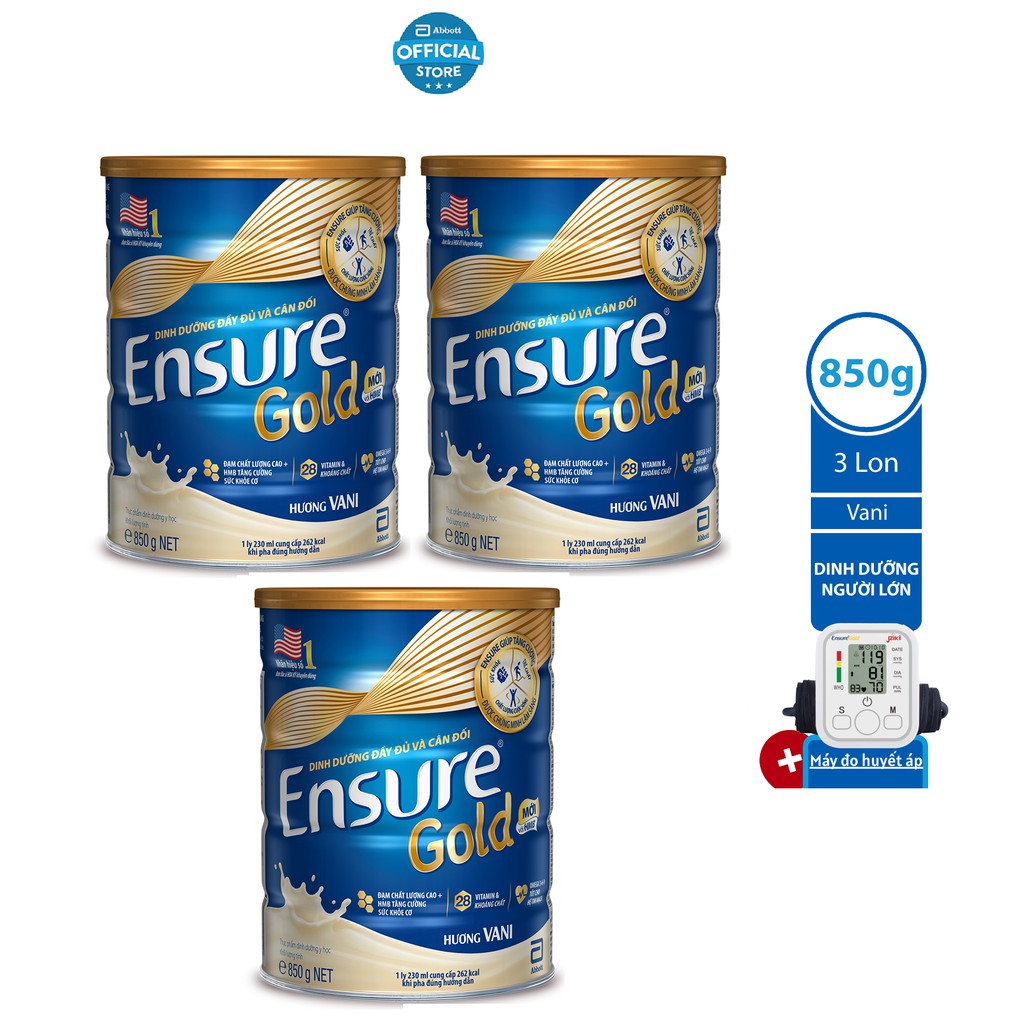 [Tặng máy đo huyết áp] Bộ 3 lon sữa bột Ensure Gold Vani 850g/lon