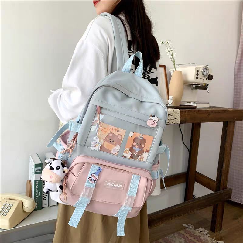 Balo ulzzang chống thấm nước, phối màu thời trang cho bạn nữ đi học, đi chơi (kèm sticker và ảnh thẻ)