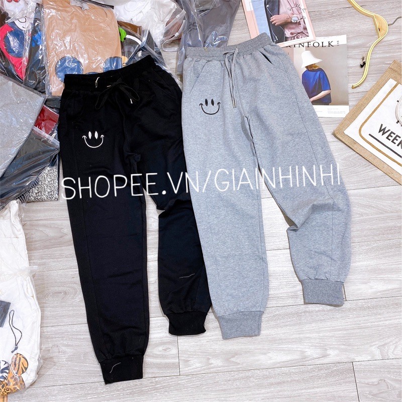 Quần thể thao bo ống thêu mặt cười , Quần nỉ da cá cạp chun bo ống QS9016 - NhiNhi Shop