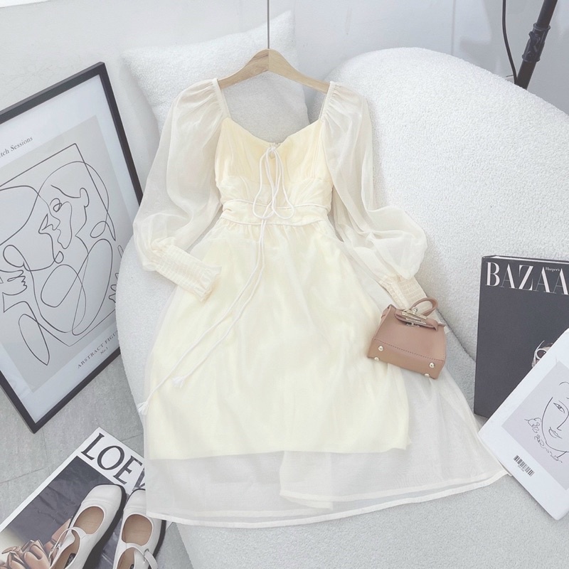 Đầm nude cổ vuông màu kem tay dài bo chun