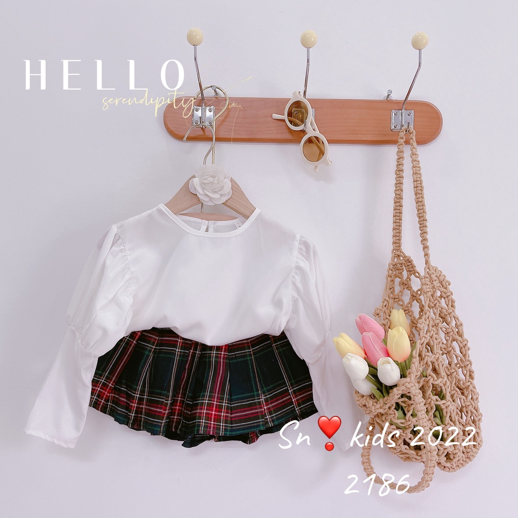 Set bộ chân váy bé gái học sinh kẻ thô phối áo trắng cho bé gái dễ thương từ 10-22kg