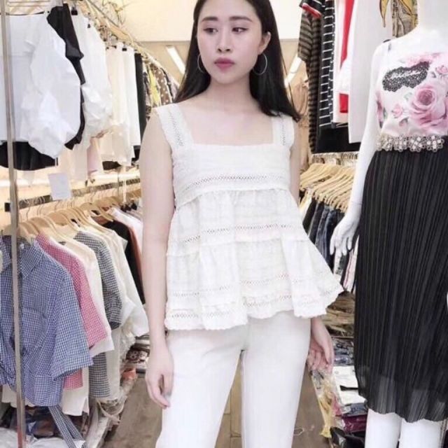 Áo 2 dây ren lưới bánh bèo