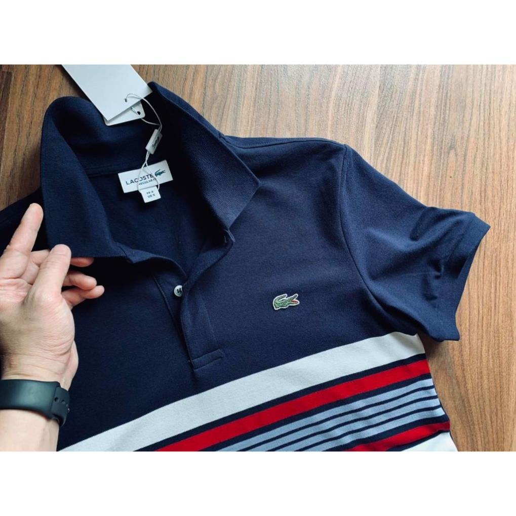 Áo thun nam có cổ polo Lacoste kẻ ngang cá xanh kẻ 7 màu !