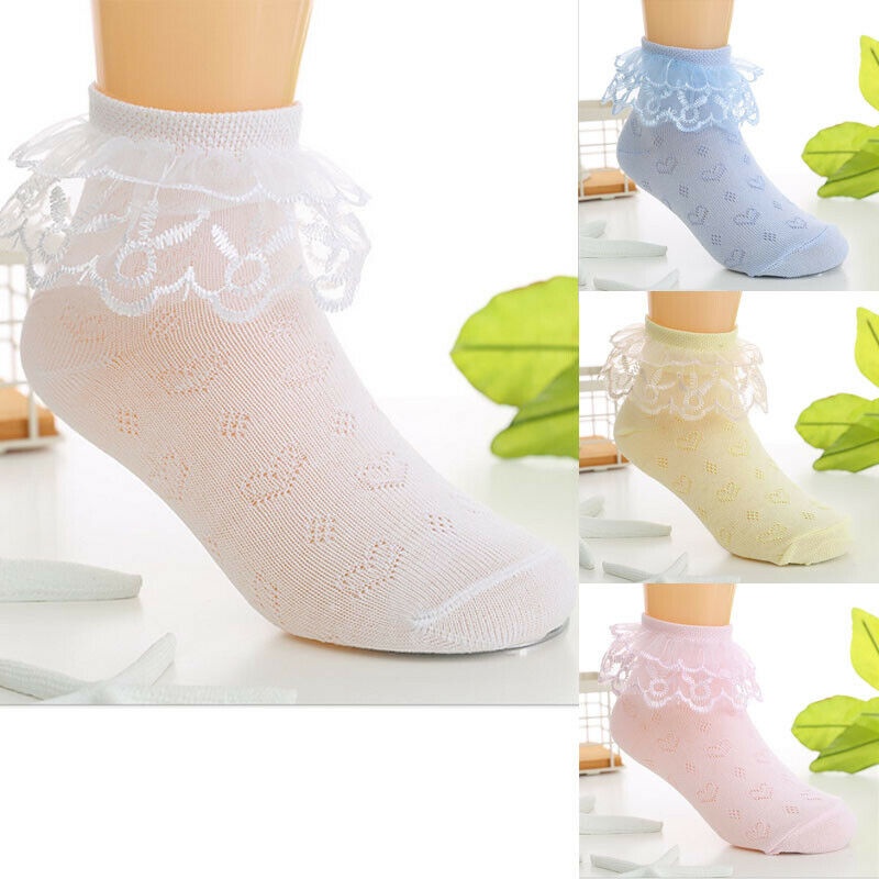 Vớ Đan Cotton Pha Phối Ren Màu Trơn 4 Màu Tùy Chọn Dành Cho Bé Gái 2-11 Tuổi