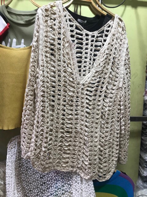 Áo khoác biển kiểu thừng cardigan đan móc (choàng) lưới ô vuông hot hit (~70cm)