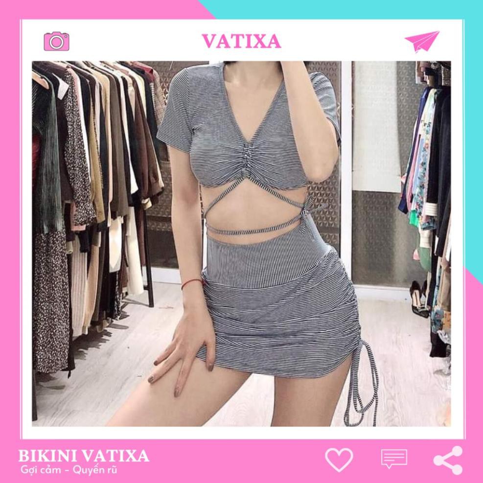 Bikini, đồ bơi 2 mảnh áo tay ngắn váy rút dây sành điệu, kín đáo VATIXA BKN09