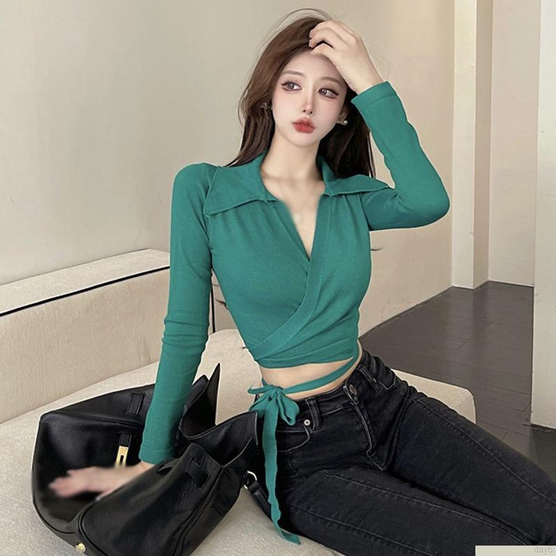 Áo croptop dệt kim dài tay cổ bẻ khoét sâu có dây cột nơ ở eo ôm dáng thời trang quyến rũ
