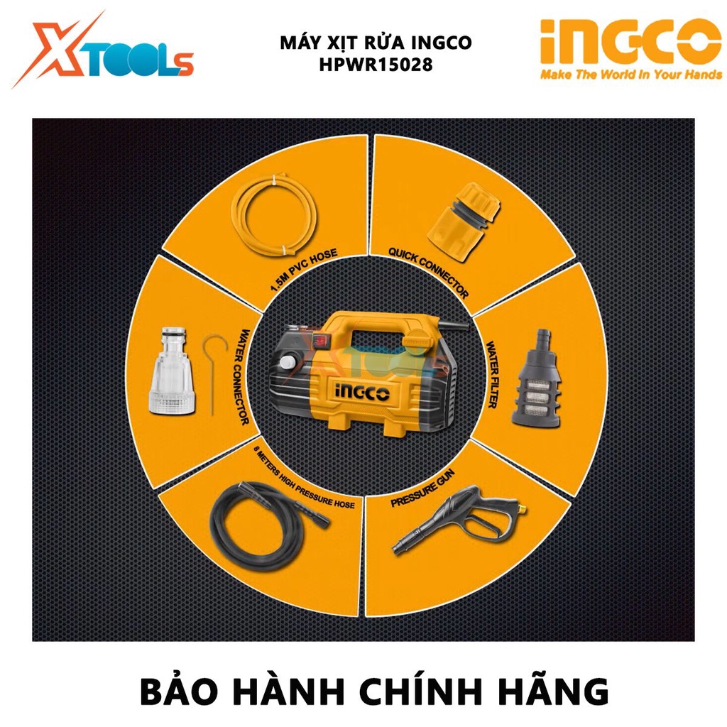 Máy xịt rửa INGCO HPWR15028 | Máy rửa xe Điện áp: 220V~50Hz Công suất 1500W Motor từ (không chổi than) bằng dây đồng Áp