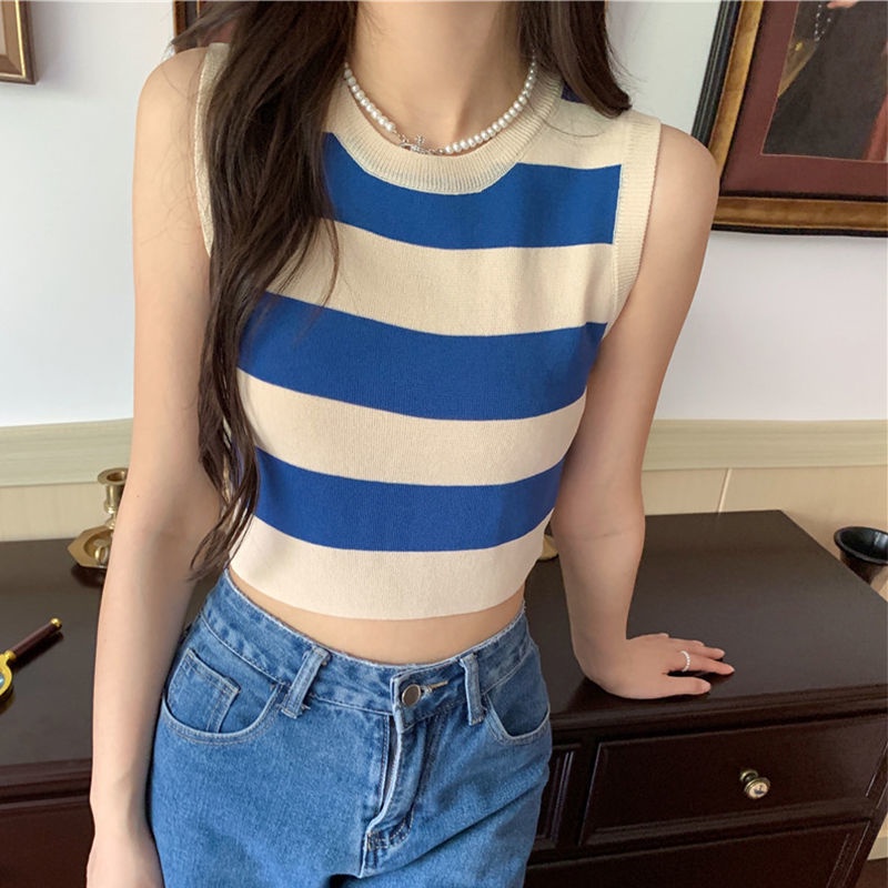 AMOI Áo Hai Dây Dệt Kim Kẻ Sọc Dáng Ngắn Thời Trang 2022 Cho Nữ